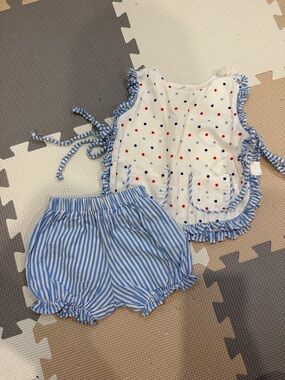 Girls Blue & White Polka Dot Ruffle Tank with Striped Bubble Shorts